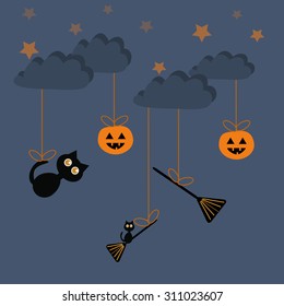 Halloween cute black cats with pumpkin, broomstick, night background with clouds and stars