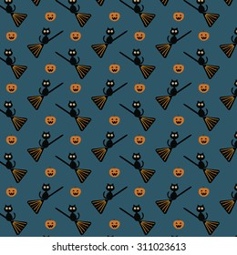 Halloween cute black cats with pumpkin, broomstick, night background pattern