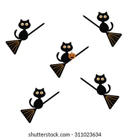 Halloween cute black cats with pumpkin, broomstick, white background