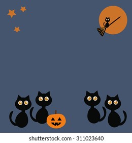 Halloween cute black cats with pumpkin, broomstick, night background with moon and stars