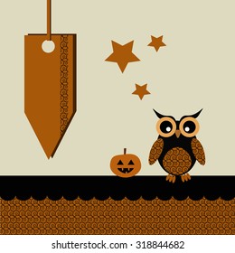 Halloween cute black owl with pumpkin, label, background with stars