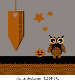 Halloween cute black owl with pumpkin, label, grey background with stars