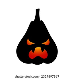 Halloween cute black pumpkin silhouette. Dark pumpkin with scary funny luminous face on white background for autumn holiday. Vector Halloween illustration for decoration, fashion print, advert, banner