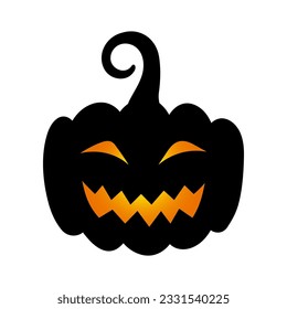 Halloween cute black pumpkin silhouette. Dark pumpkin with scary funny luminous face on white background for autumn holiday. Vector Halloween illustration for decoration, print design, banner, app.
