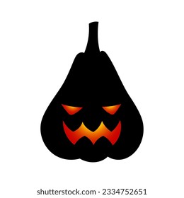 Halloween cute black pumpkin silhouette. Dark pumpkin with scary funny luminous face on white background for autumn holiday. Vector Halloween illustration for decoration, fashion print, advert, banner