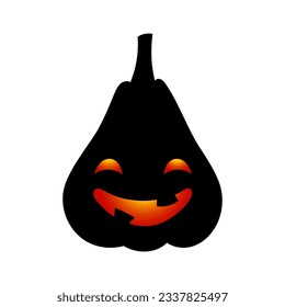 Halloween cute black pumpkin silhouette. Dark pumpkin with scary funny luminous face on white background for autumn holiday. Vector Halloween illustration for decoration, fashion print, advert, banner