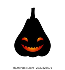 Halloween cute black pumpkin silhouette. Dark pumpkin with scary funny luminous face on white background for autumn holiday. Vector Halloween illustration for decoration, fashion print, advert, banner