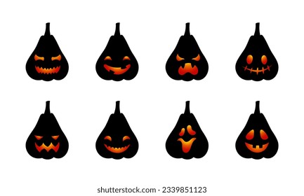 Halloween cute black pumpkins set. Dark pumpkins with scary funny luminous faces collection on white background for autumn holiday. Vector illustration.