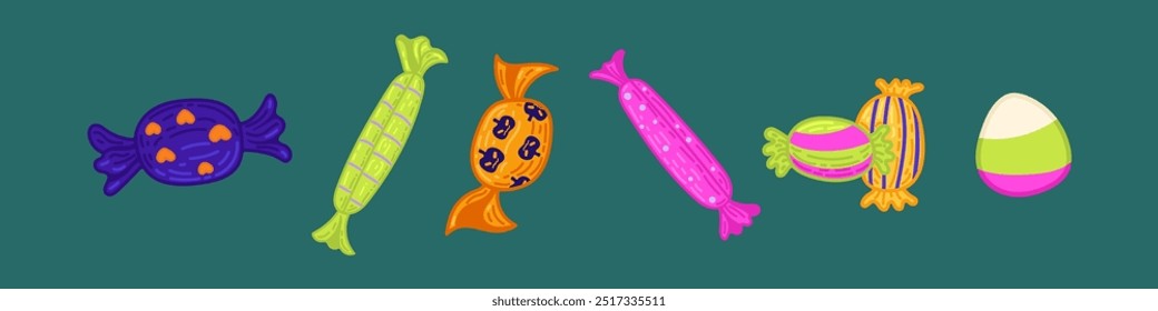 Halloween cute candies elements set. Vector illustration in flat style
