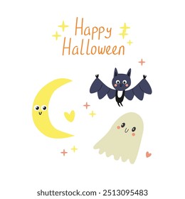 Halloween cute card. Hand drawn calligraphy and cute halloween elements. Vector illustration in flat style