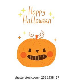 Halloween cute card with pumpkin. Hand drawn calligraphy and cute halloween elements. Vector illustration in flat style