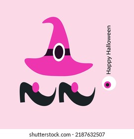 Halloween cute card, Witch hat and shoes. Vector flat illustration