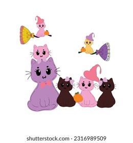 halloween cute cartoon cat charactor hand drawn with pink purple color