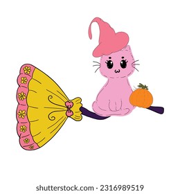 halloween cute cartoon cat charactor hand drawn with pink purple color