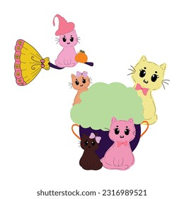 halloween cute cartoon cat charactor hand drawn with pink purple color
