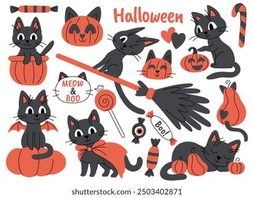 Halloween lindos gatos de dibujos animados, calabazas y dulces conjunto. Gatos y calabazas sobre fondo blanco. Gatos lindos en diferentes poses y situaciones. Personajes de animales festivos para Halloween.