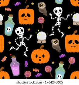 Halloween cute cartoon character seamless pattern. Pumpkin, skeleton,  candy, lollipop, magic potion in a bottle and little owl in holidays background. -Vector