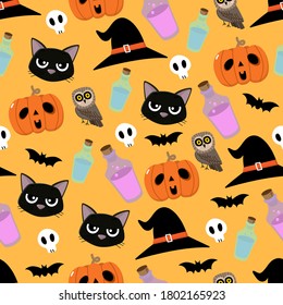 Halloween cute cartoon character seamless pattern. Pumpkin, black cat, witch hat, skeleton, magic potion in a bottle and little owl in holidays background. -Vector