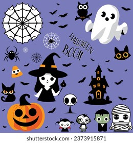 Halloween Cute Cartoon Clipart Set, Halloween design, illustrations, featuring pumpkins, ghosts, witches, and more. Perfect for creating spooky and cute designs for Halloween parties and celebrations.