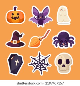 Halloween cute cartoon drawing sticker style  pumpkin  witch hat  grave  web  spider  bat  broom  coffin     ghost  Vector illustration clipart flat design 