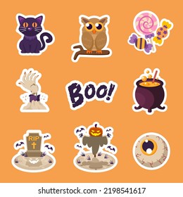 Halloween cute cartoon drawing sticker style. cat, owl, candy, grave, boo, zombie hand, pot, scarecrow, and eye. Vector illustration clipart flat design.