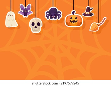 Halloween cute cartoon drawing style  pumpkin  witch hat  web  spider  bat  broom     ghost  Vector illustration flat cartoon sticker design for banner  poster    wallpaper background 