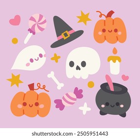 Halloween cute cartoon elements. Set of halloween vector illustrations with pumpkin, skull, witch hat, ghosts, etc.