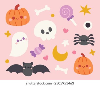 Halloween cute cartoon elements. Set of halloween vector illustrations with pumpkin, skull, witch hat, ghosts, etc.
