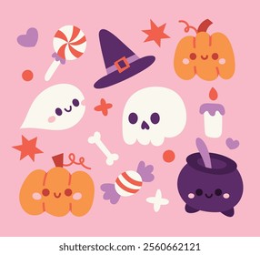 Halloween cute cartoon elements. Set of halloween vector illustrations with pumpkin, skull, witch hat, ghosts, etc.