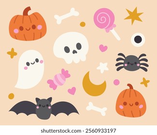 Halloween cute cartoon elements. Set of halloween vector illustrations with pumpkin, skull, ghosts, etc.