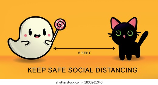 Halloween cute cartoon ghost, cat character icons. Social distancing infographic vector illustration. COVID-19 protection.