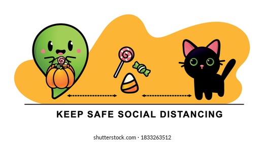Halloween cute cartoon ghost, cat icons. Social distancing infographic. Vector illustration. COVID-19 protection.