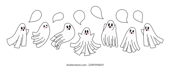 Halloween cute cartoon ghosts with speech bubbles set. Flying and smiling ghost spirit, spooky concept, boo crew, empty chat clouds. Vector illustration isolated on white background