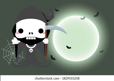 Halloween Cute cartoon grim reaper character. Vector illustration