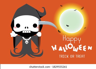 Halloween Cute cartoon grim reaper character. Vector illustration