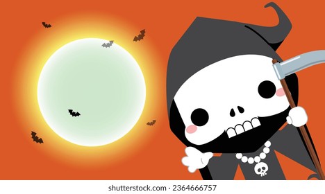 Halloween Cute cartoon grim reaper character robed in black and carries a large scythe against full moon light. Vector illustration.