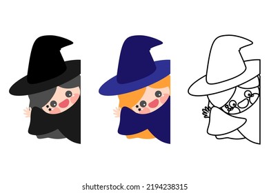 Halloween Cute Cartoon Little Girl Witch Playing Hide And Seek. Set Of Different Color And Line Art. Isolated On White Background, Flat Design, EPS10 Vector