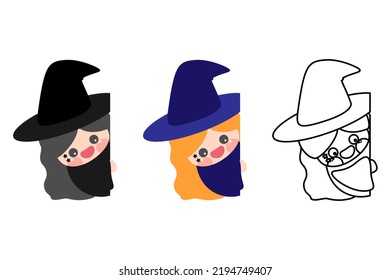 Halloween Cute Cartoon Little Girl Witch Playing Hide And Seek. Set Of Different Color And Line Art. Isolated On White Background, Flat Design, EPS10 Vector