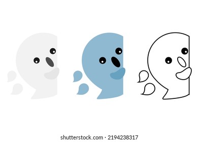 Halloween Cute Cartoon Little White Ghost Playing Hide And Seek. Set Of Different Color And Line Art. Isolated On White Background, Flat Design, EPS10 Vector