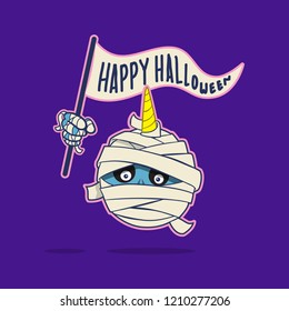 Halloween cute cartoon mummy unicorn head holding flag with happy halloween text.  vector flat minimalist character.