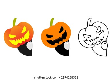 Halloween Cute Cartoon Pumpkin Man Playing Hide And Seek. Jack-o-lantern Character. Set Of Different Color And Line Art. Isolated On White Background, Flat Design, EPS10 Vector