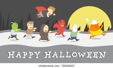 Halloween Cute Cartoon Run To Catch Big Candy Corn, Vector Halloween Cartoon Characters In Flat Vector Style