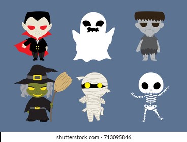 halloween cute cartoon set, mini costume character collection , vector illustration