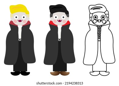 Halloween lindo caricatura vampiro. Conjunto de diferentes colores y líneas de arte. Aislado sobre fondo blanco, diseño plano, vector EPS10
