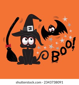 Halloween cute cat with bat of halloween and word boo, Vector illustration cartoon EPS images. 