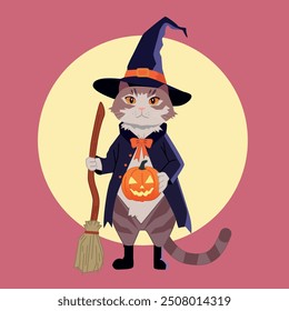 Halloween Cute Cat Hat Witch and pumpkin Illustration vector
