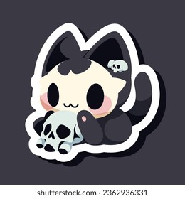 Halloween cute cat with skull. Black cats with a pumpkin, in costumes and with a potion. Flat vector illustration