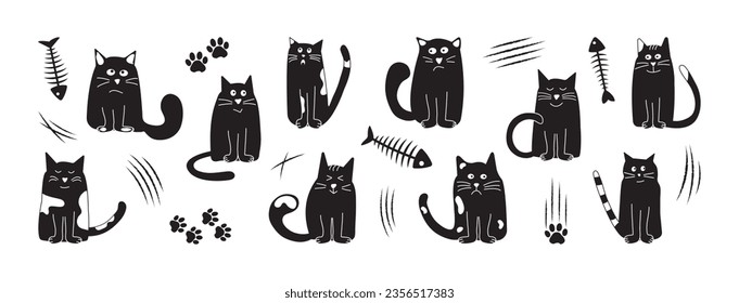 Halloween cute cats, cartoon black doodle animal vector icon, funny pet set, hand drawn silhouettes character. Fish skeleton and cat paw isolated on white background. Gothic illustration