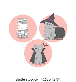 Halloween cute cats vampire, mummy, witch on white background.