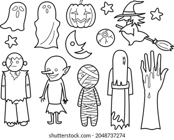 Halloween cute character illustration line drawing set